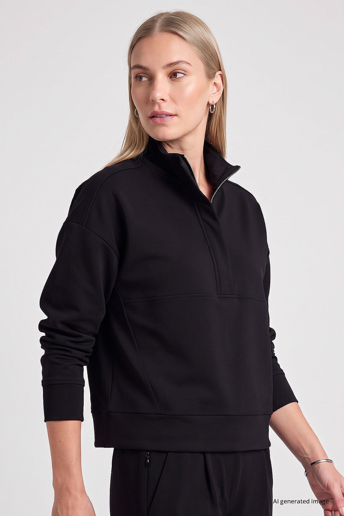 Siyah Dik Yaka Fermuarlı Rahat Form Kadın Sweatshirt - 97314
