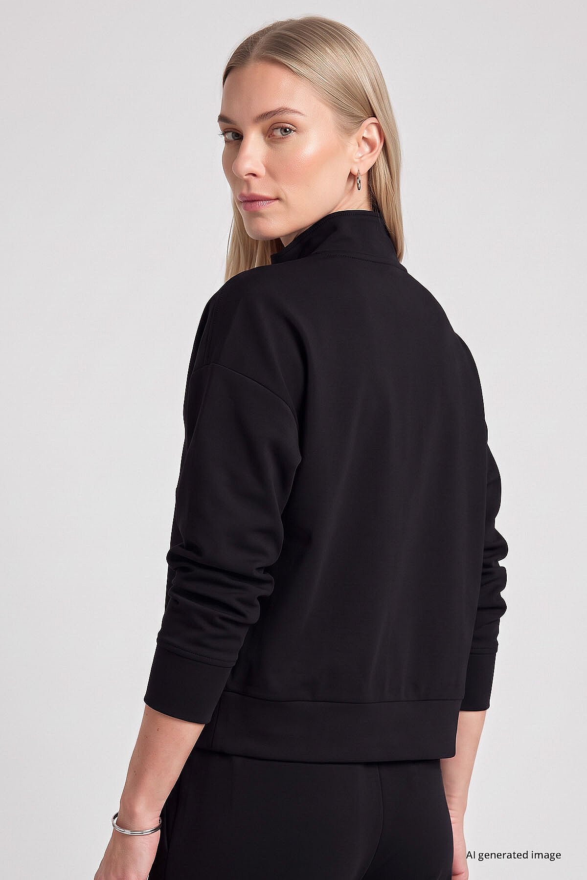 Siyah Dik Yaka Fermuarlı Rahat Form Kadın Sweatshirt - 97314