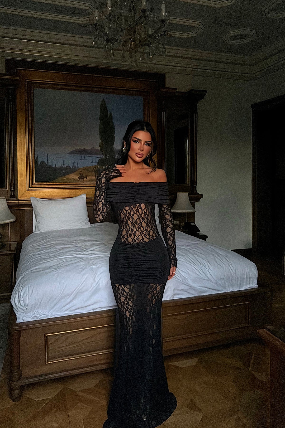 Siyah Ellodie dantel uzun elbise ATE-4535