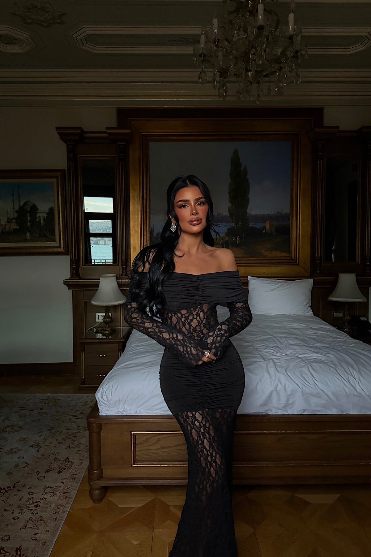 Siyah Ellodie dantel uzun elbise ATE-4535