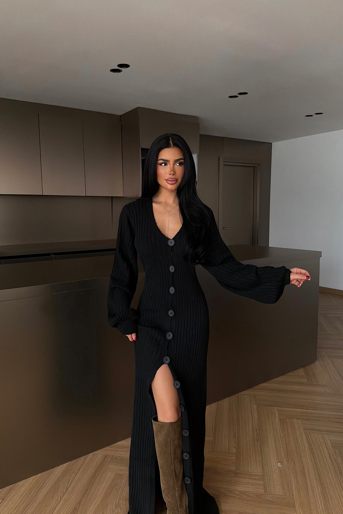 Siyah Ophelie Triko Elbise ATE-4458