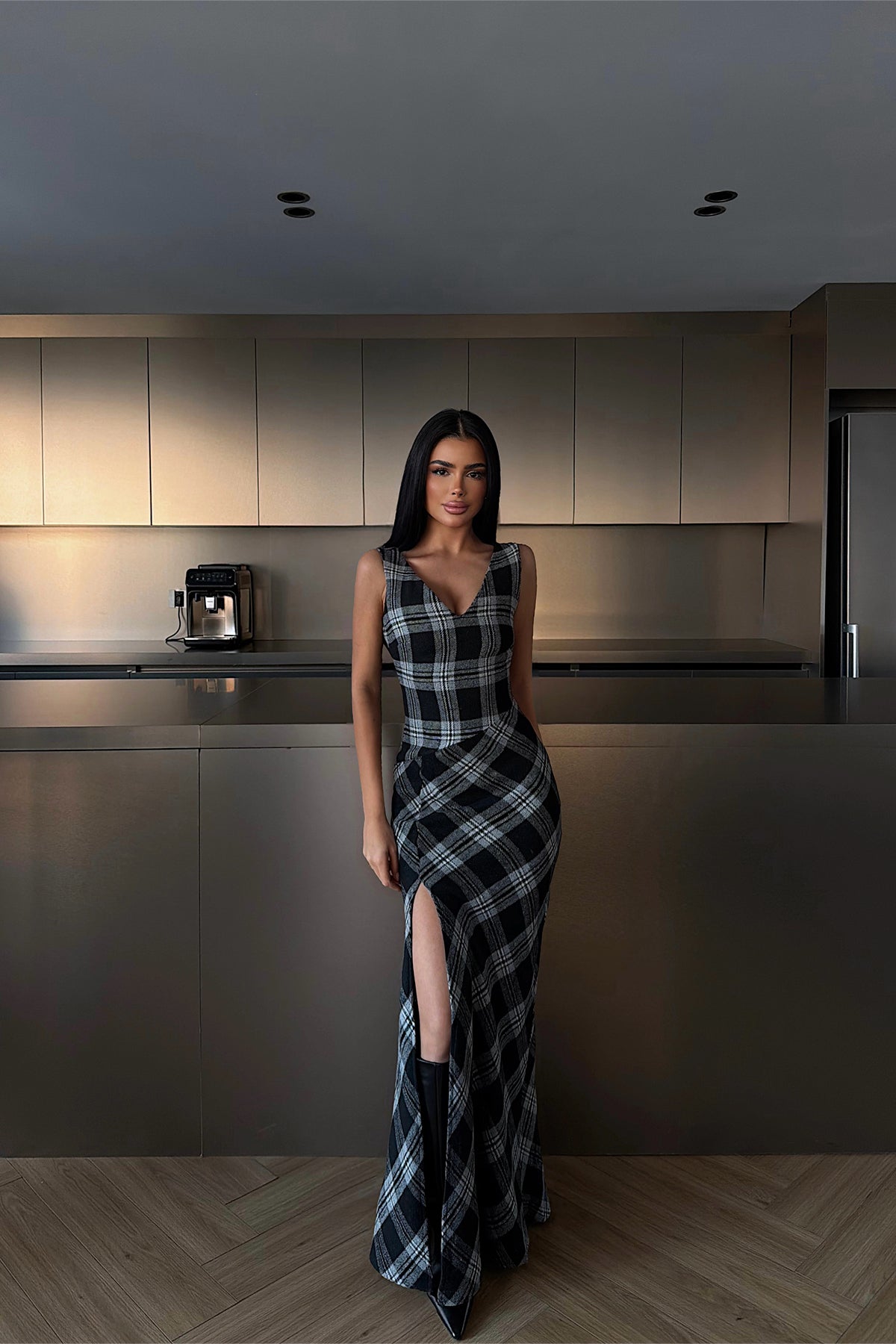 Briar Yırtmaçlı Ekose Uzun Elbise ATE-4231