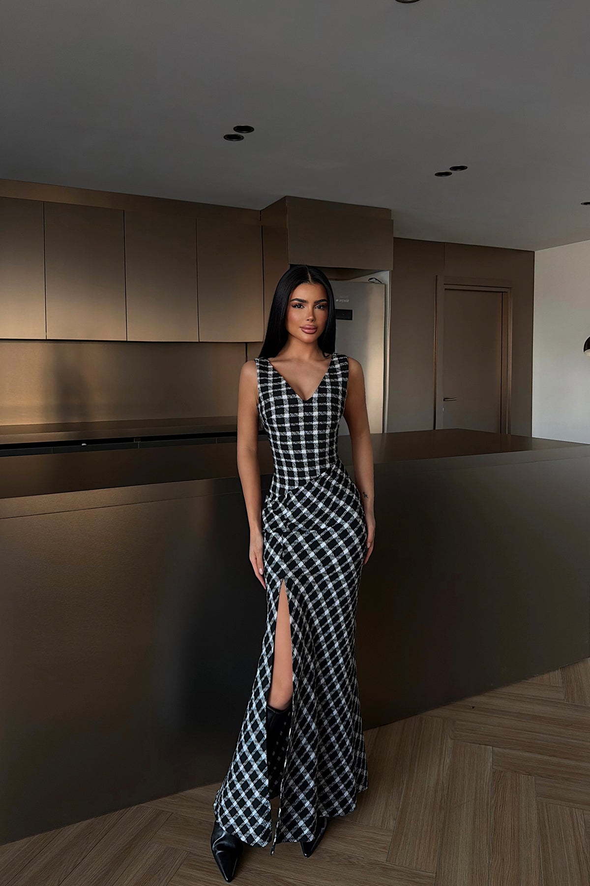 Briar Yırtmaçlı Ekose Uzun Elbise ATE-4221