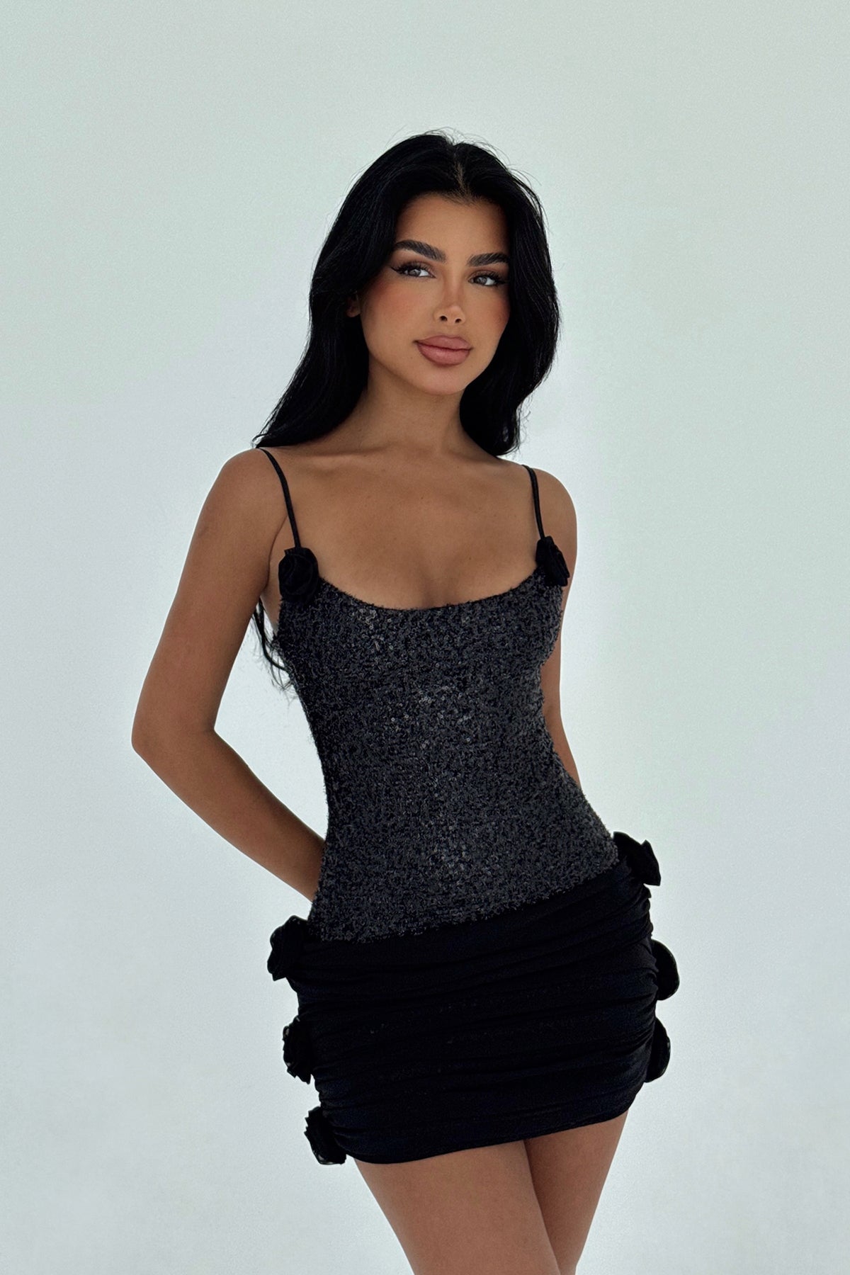 Siyah Presley Mini Payetli Elbise ATE-3043