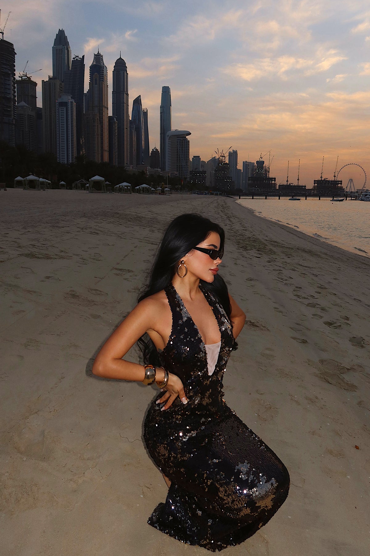 Siyah Coquille Payetli Uzun Elbise ATE-4666