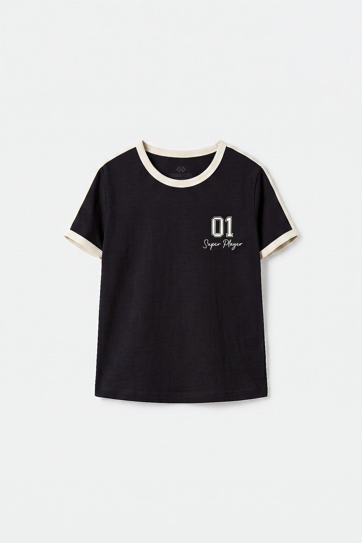 Siyah Omuz Biye Detaylı Baskılı Kız Çocuk T-Shirt - 75181