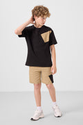 Black-Dark Beige Cotton Oversize Fit Woven Light Stretch Chino Boys' Shorts Set - 11275