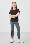 Black-Forest Green O Neck Side Stripe Detail Standard Fit Performance Girls' Leggings Set - 75191