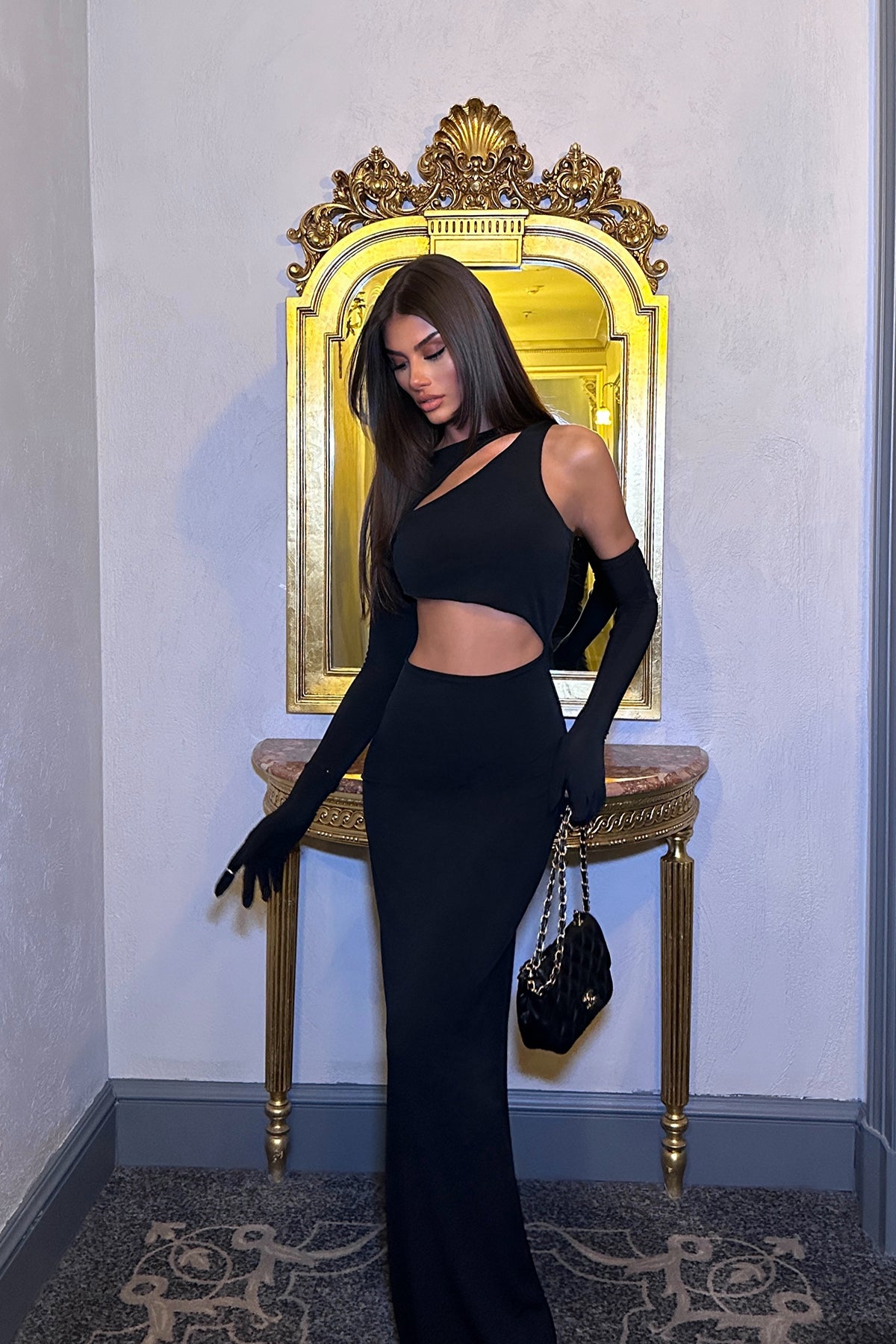 Siyah Pencere Detay Eldivenli Elbise ATE-0346