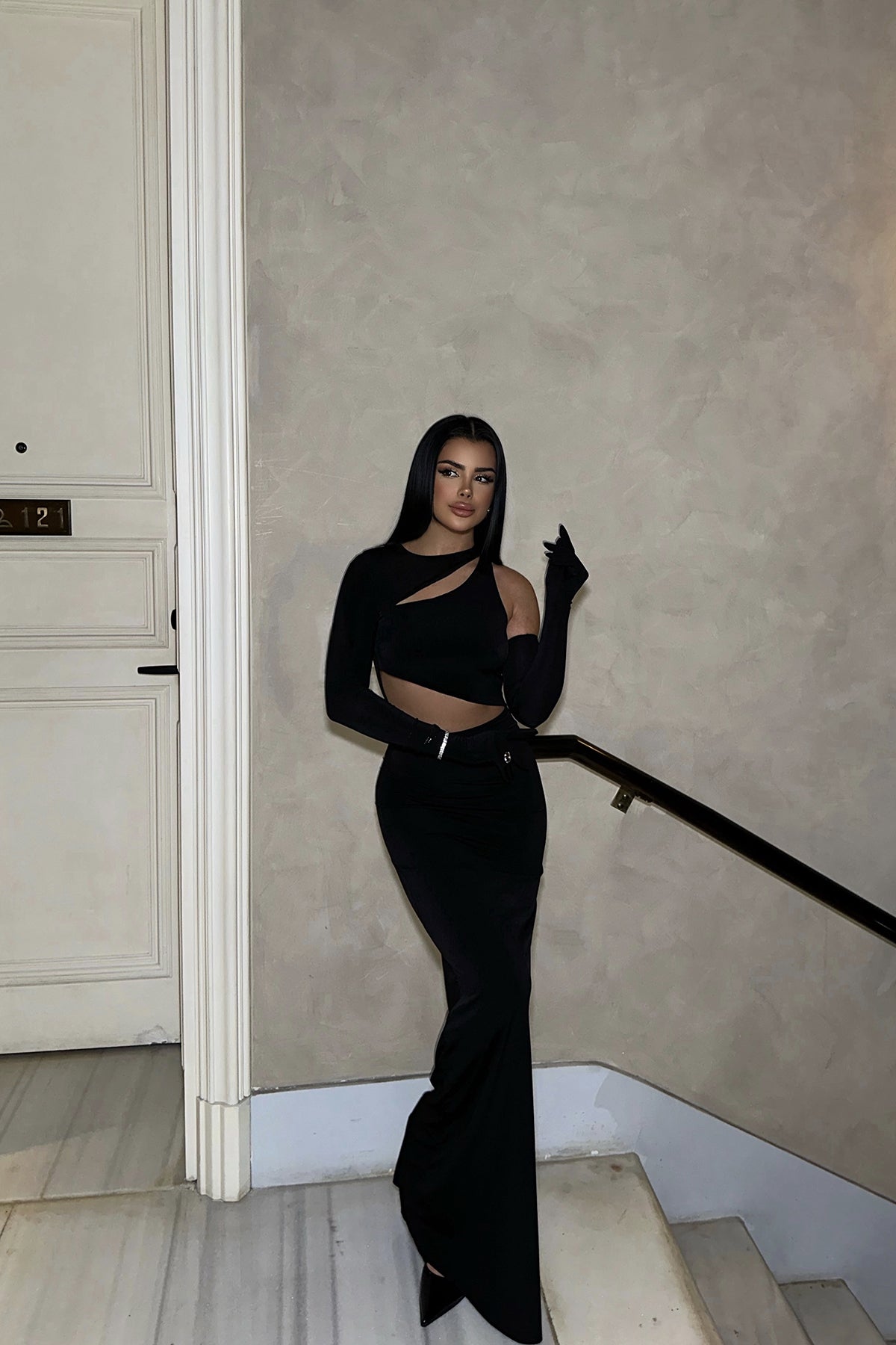 Siyah Pencere Detay Eldivenli Elbise ATE-0346