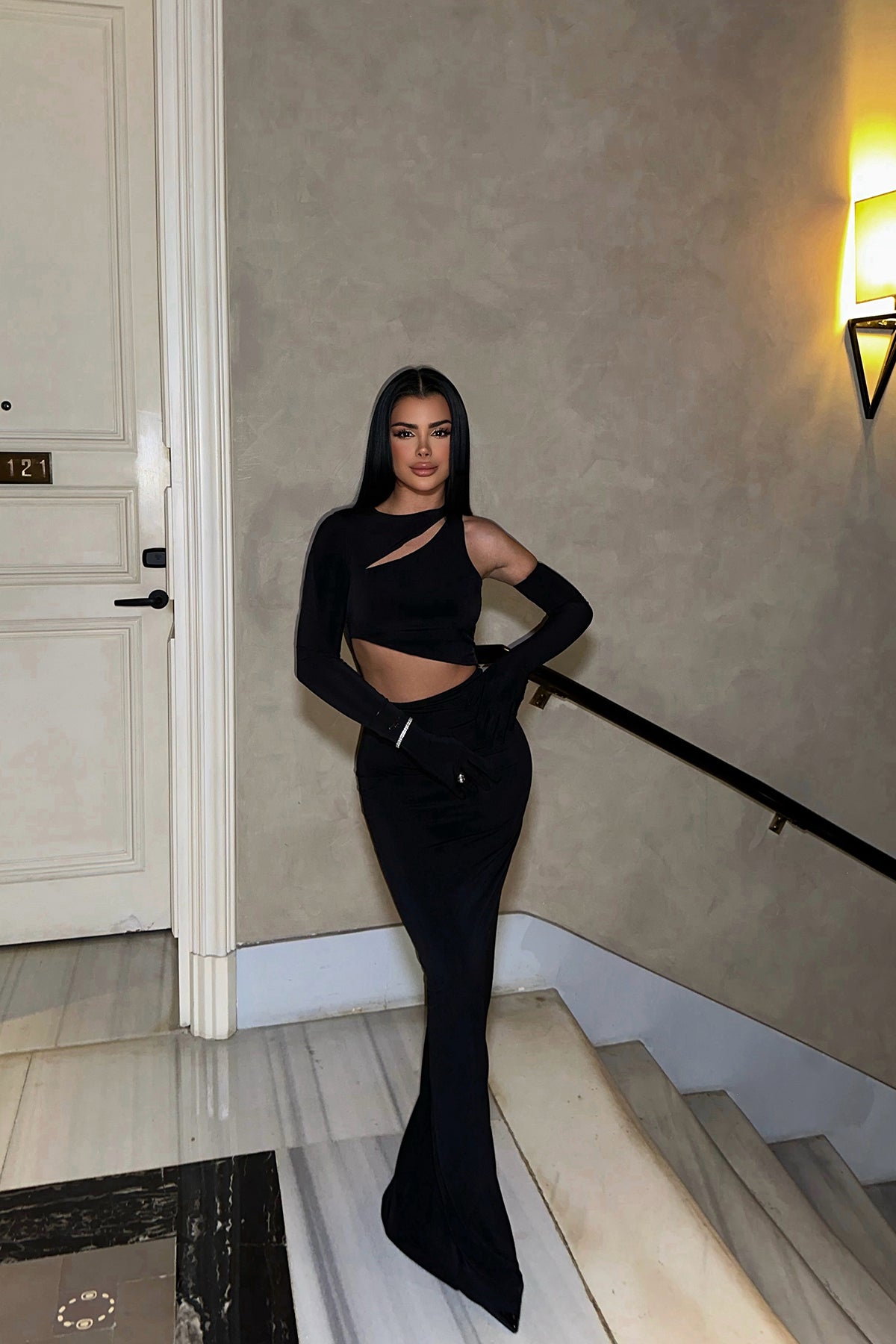 Siyah Pencere Detay Eldivenli Elbise ATE-0346