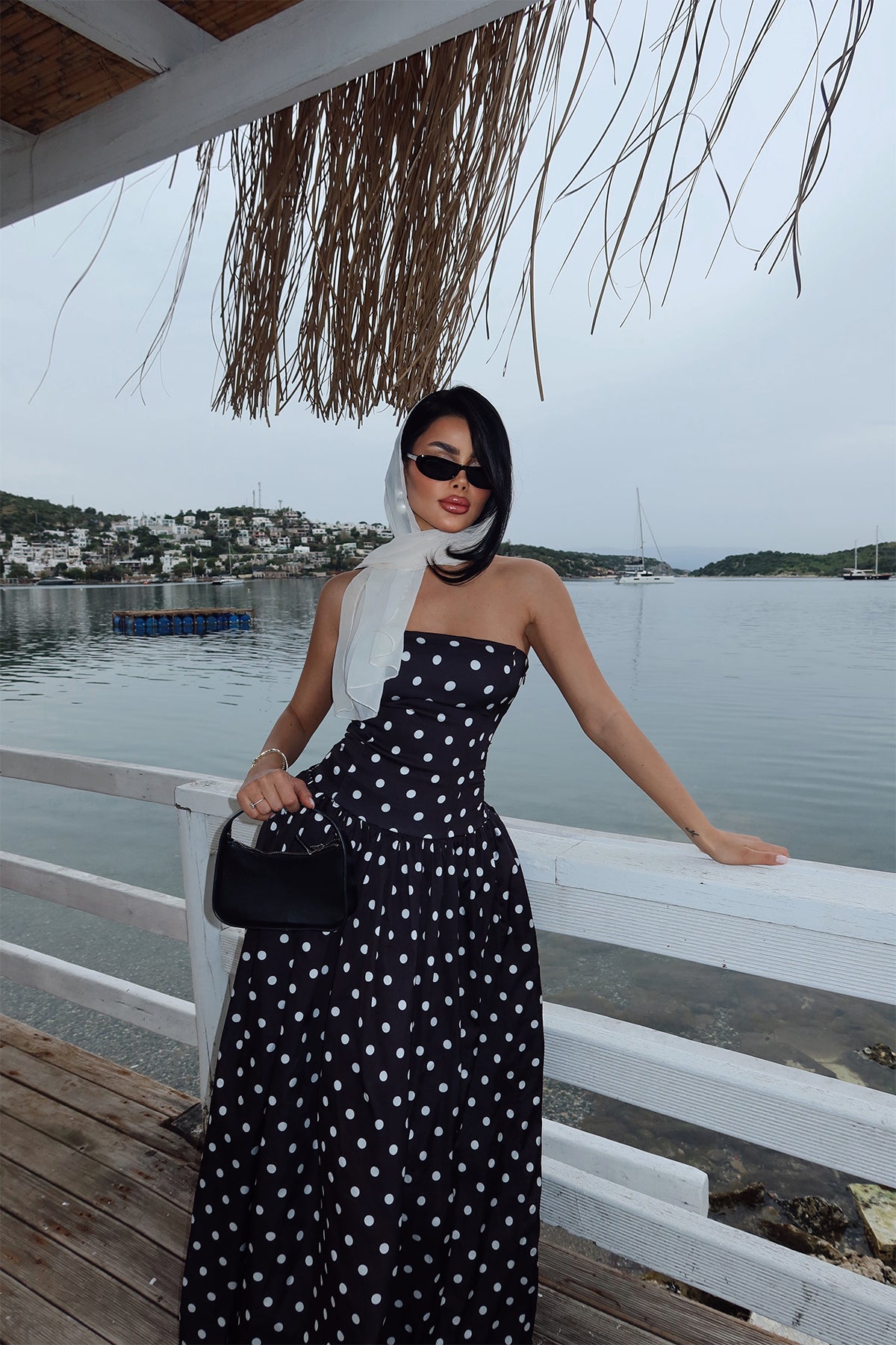 Siyah Tara Puantiyeli Uzun Elbise ATE-2506