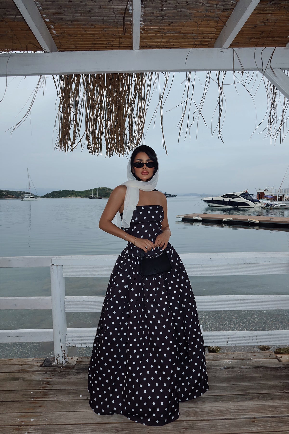 Siyah Tara Puantiyeli Uzun Elbise ATE-2506