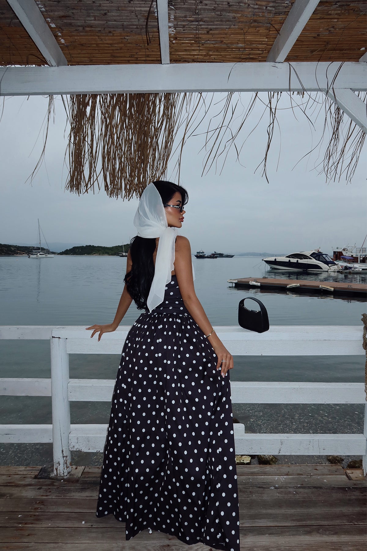 Siyah Tara Puantiyeli Uzun Elbise ATE-2506