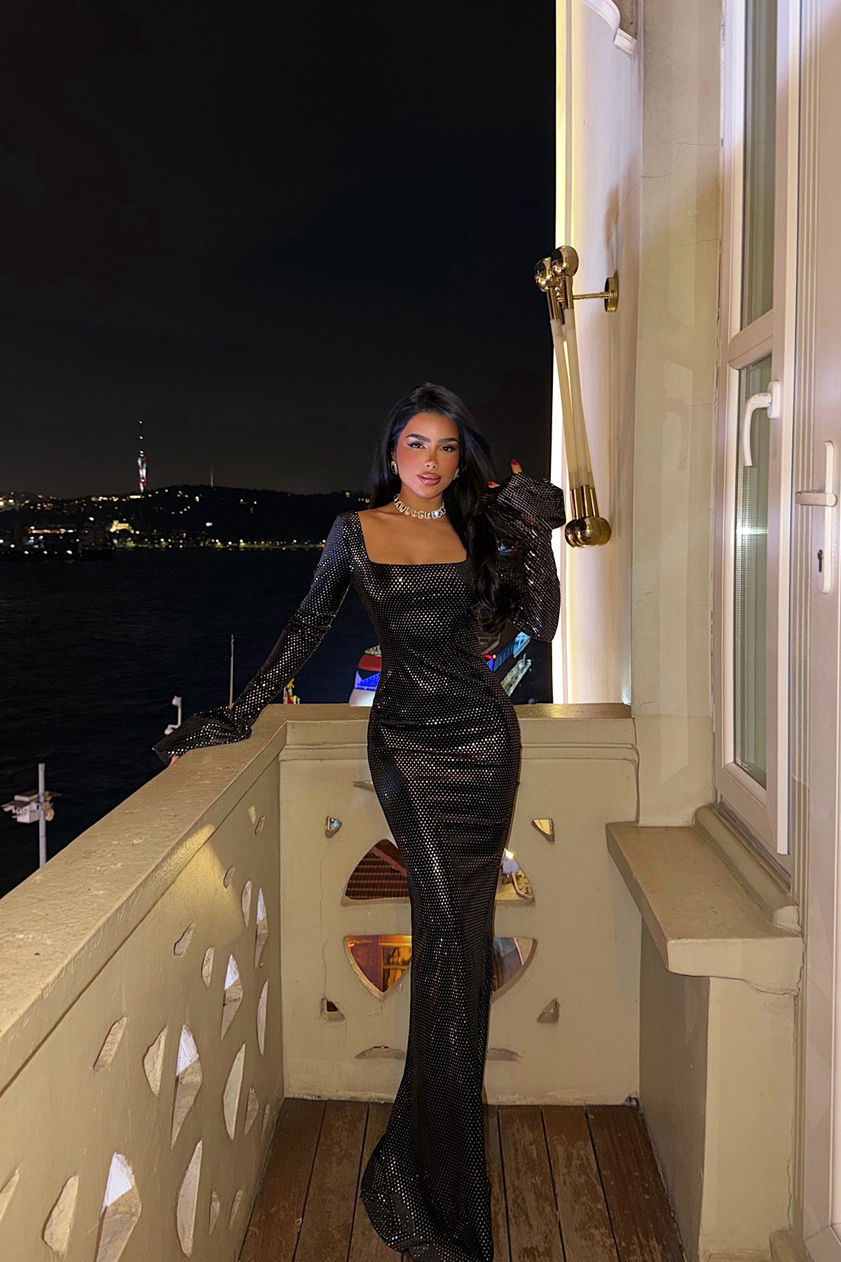 Siyah Tanith uzun ışıltılı elbise ATE-4187