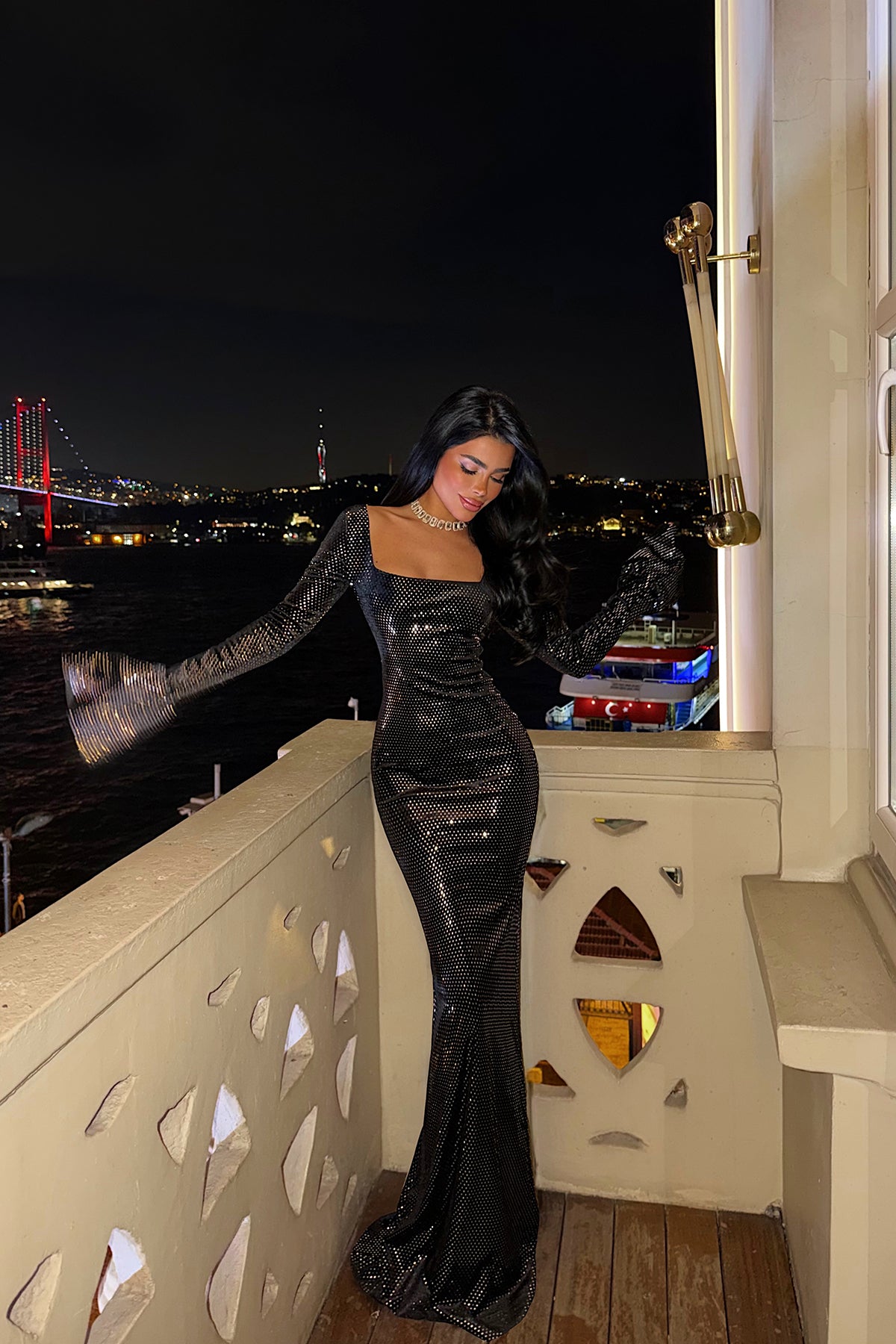 Siyah Tanith uzun ışıltılı elbise ATE-4187