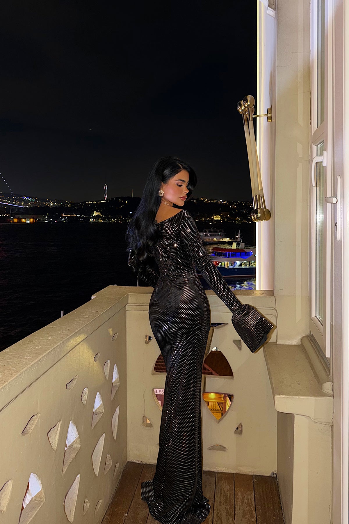 Siyah Tanith uzun ışıltılı elbise ATE-4187