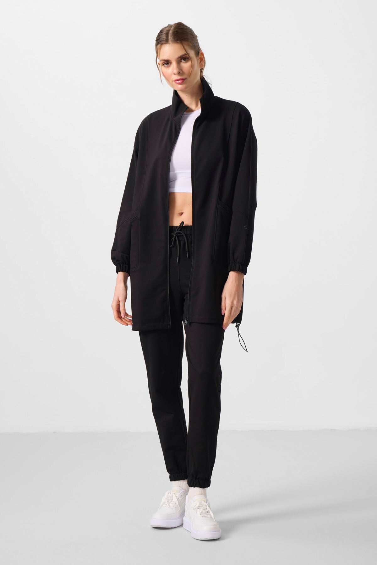 Siyah Dik Yaka Fermuarlı Rahat Form Kadın Eşofman Tunik Takım - 95345
