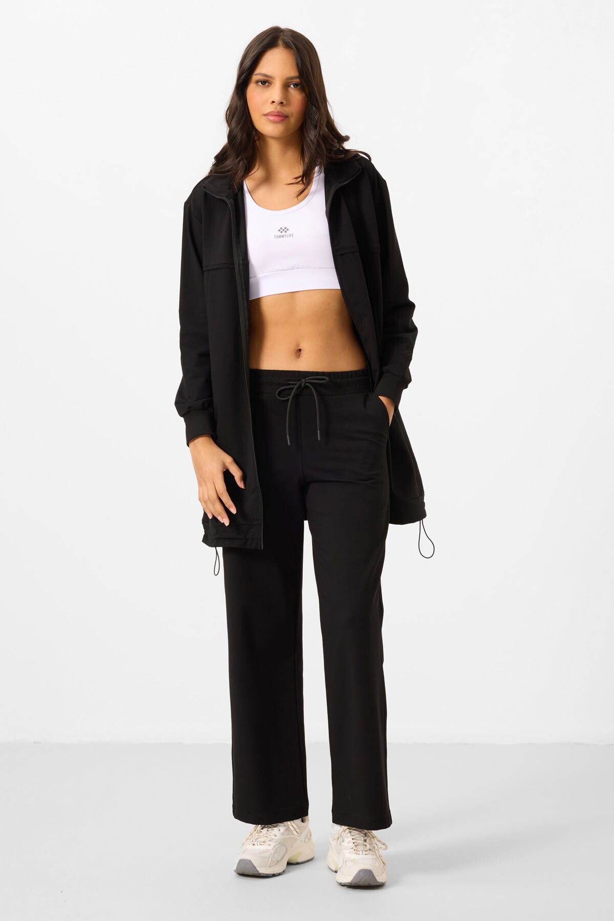 Siyah Dik Yaka Fermuarlı Pamuklu Kadın Eşofman Tunik Takım - 95346