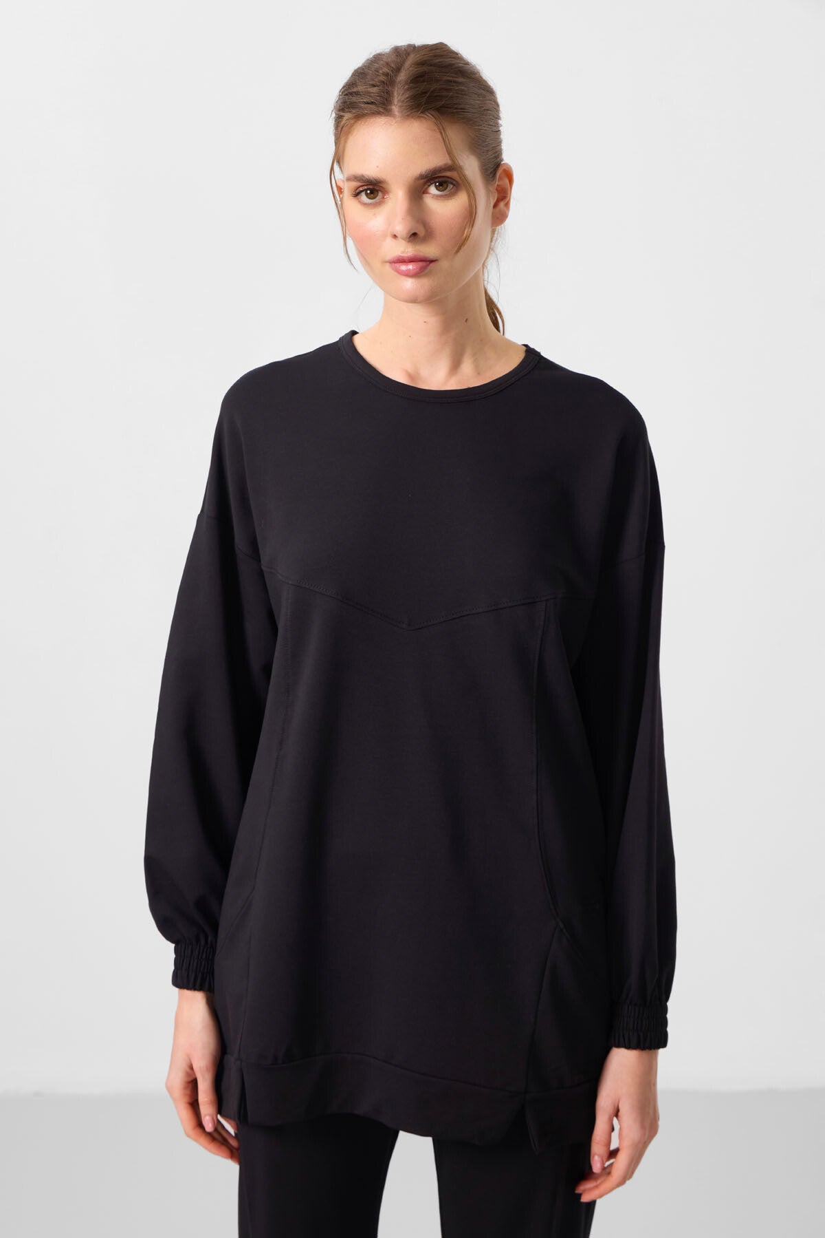 Siyah O Yaka Basic Oversize Kadın Eşofman Tunik Takım - 95347