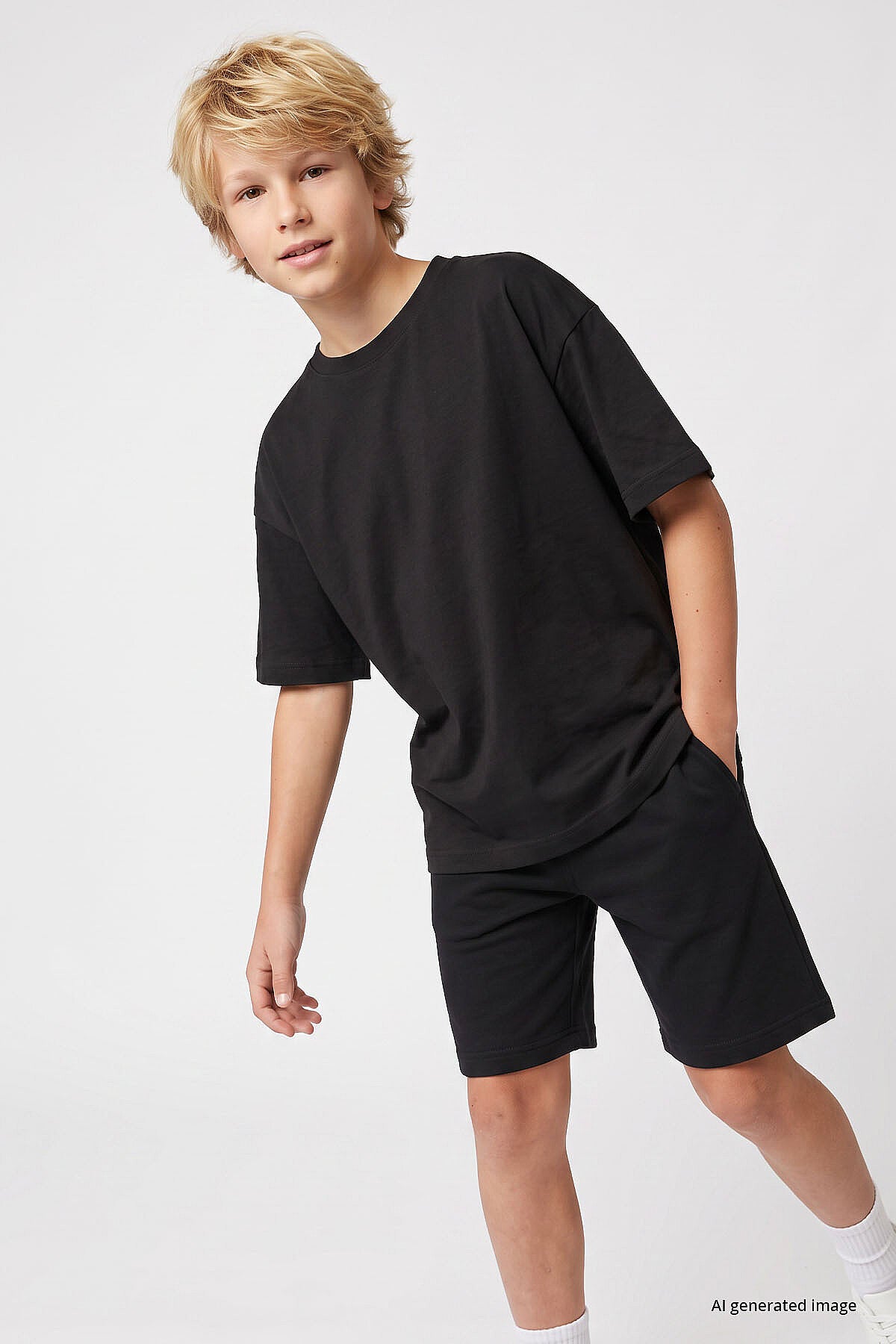 Siyah Oversize Fit Basic Erkek Çocuk Şort Takım - 11335