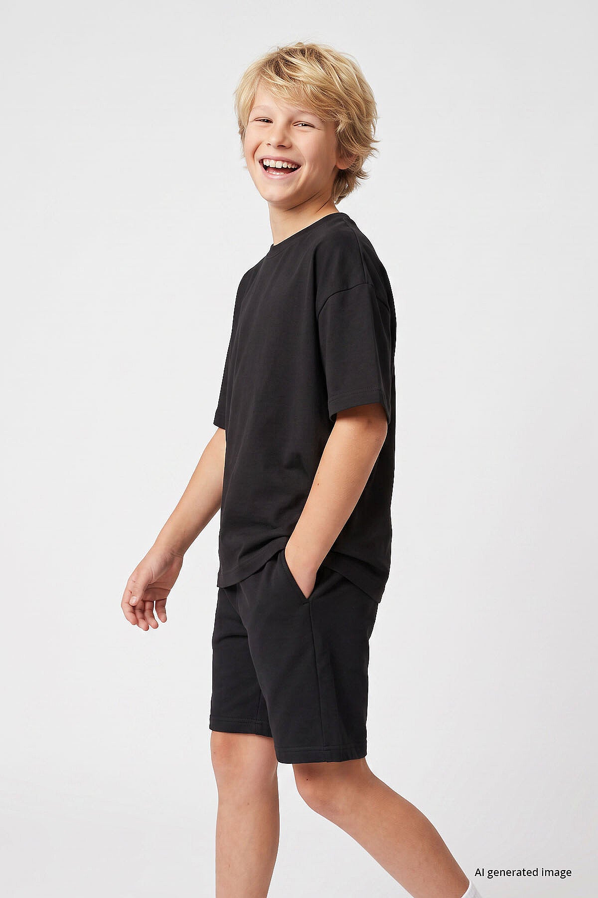 Siyah Oversize Fit Basic Erkek Çocuk Şort Takım - 11335