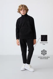 Siyah Kalın Yumuşak Dokulu Standart Fit Nakışlı Polar Erkek Çocuk Eşofman Takım - 11218
