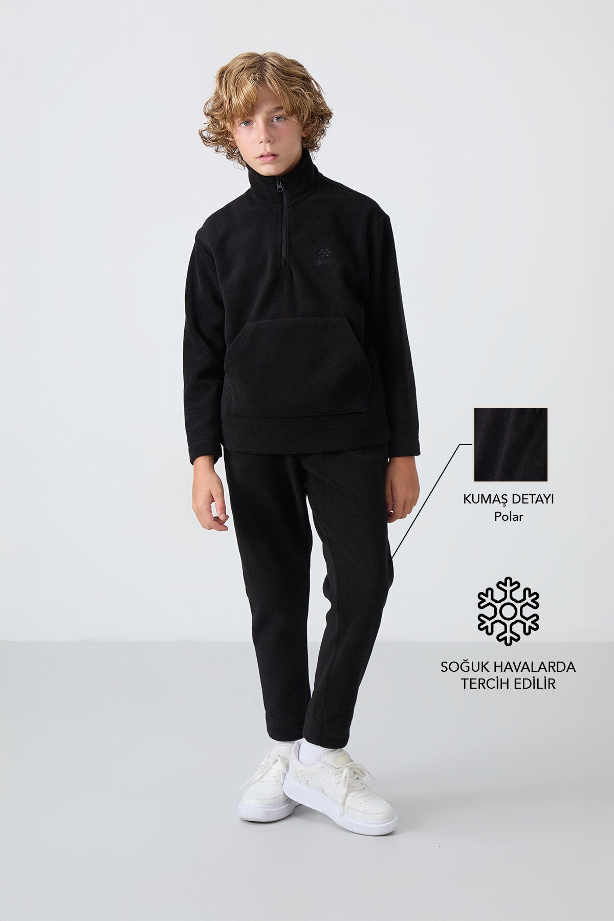 Siyah Kalın Yumuşak Dokulu Standart Fit Nakışlı Polar Erkek Çocuk Eşofman Takım - 11218