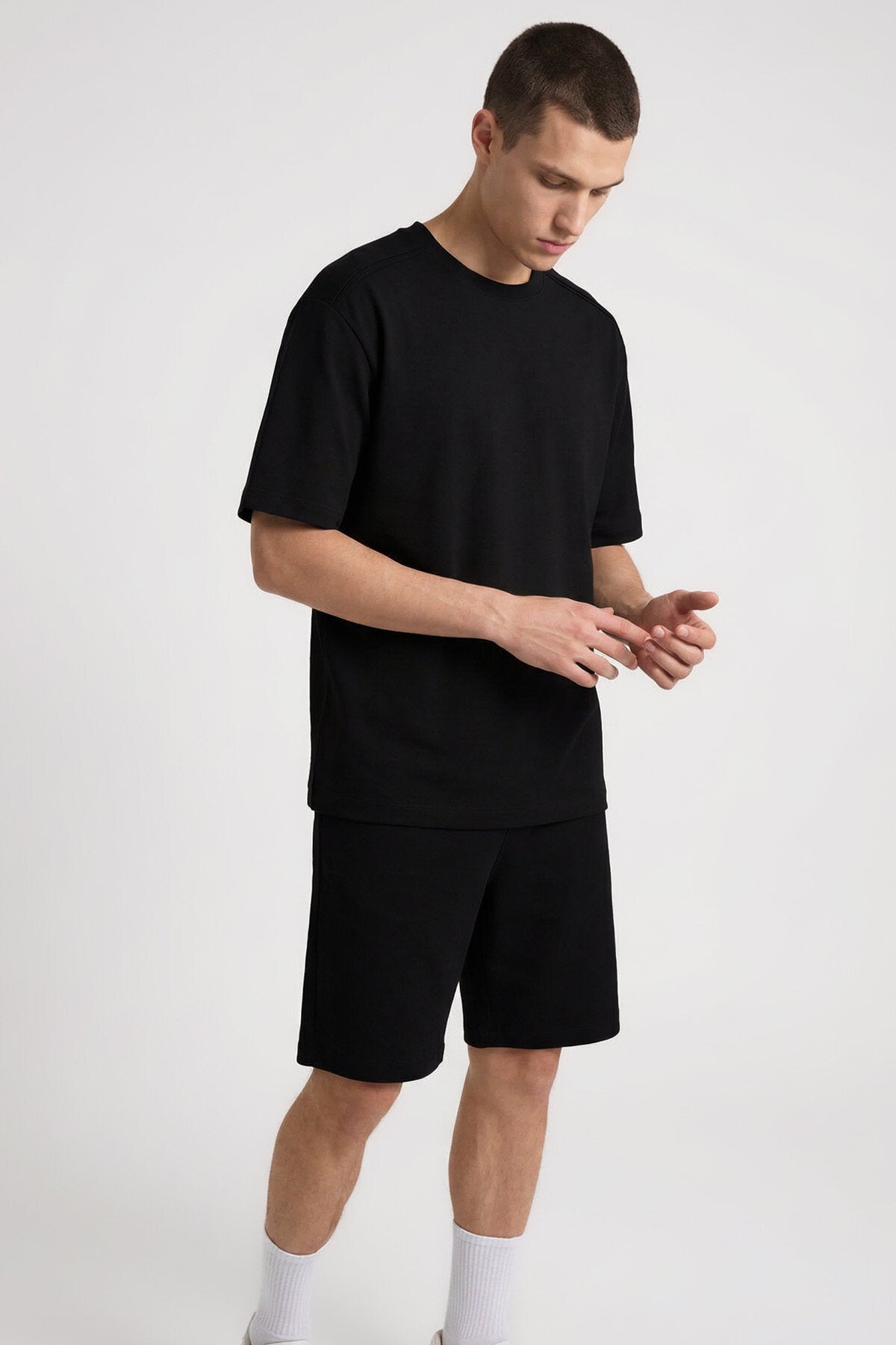 Siyah Oversize Fit Basic Erkek Şort Takım - 85292