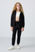 Black Cotton Fleece Lined Soft Textured Standard Fit Embroidered Girls' Tracksuit - 75148