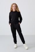 Black Cotton Fleece Lined Soft Textured Oversize Embroidered Girls' Tracksuit - 75145