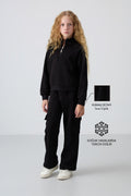 Black Cotton Fleece Lined Soft Textured Standard Fit Embroidered Girls' Tracksuit - 75159