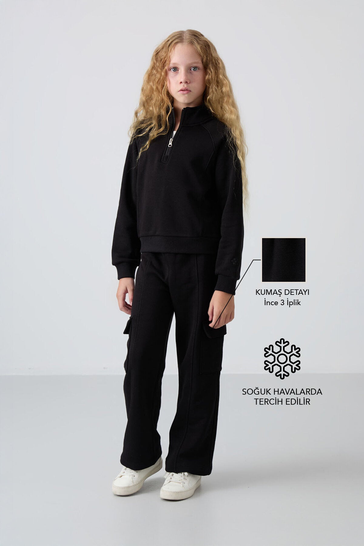 Siyah Pamuklu İçi Tüylü Yumuşak Dokulu Standart Fit Nakışlı Kız Çocuk Eşofman Takım - 75159