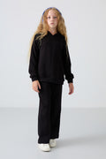 Black Cotton Fleece Lined Soft Textured Standard Fit Embroidered Girls' Tracksuit - 75162