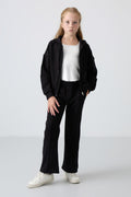 Black Cotton Fleece Lined Soft Textured Standard Fit Embroidered Girls' Tracksuit - 75161