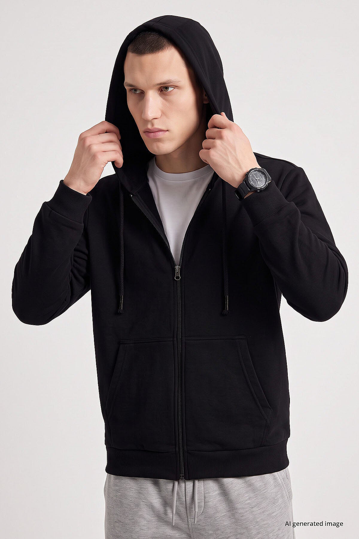 Siyah Standart Kalıp Basic Fermuarlı Erkek Sweatshirt - 88514