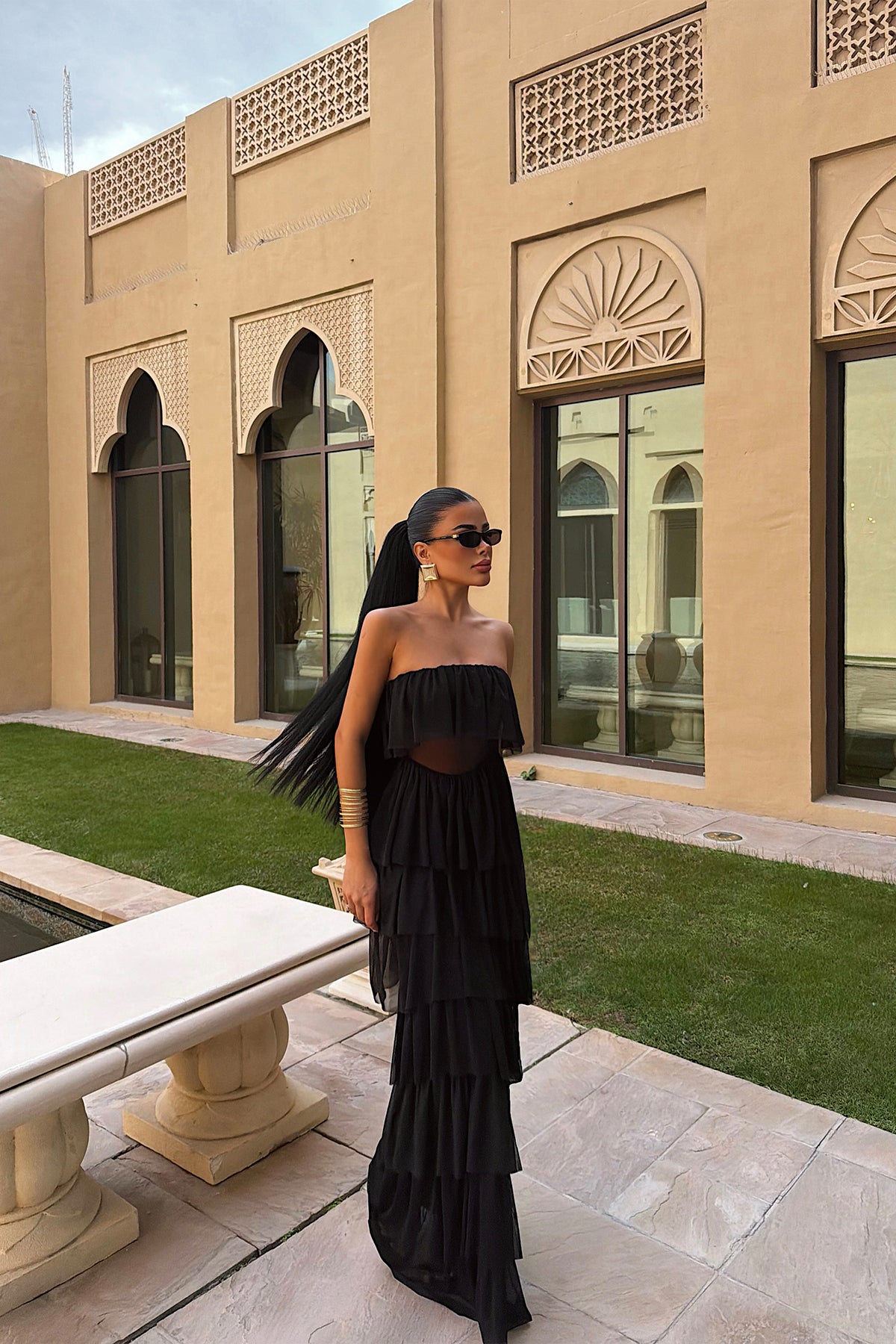 Siyah Saroja Uzun Kat Kat Tül Elbise ATE-3530