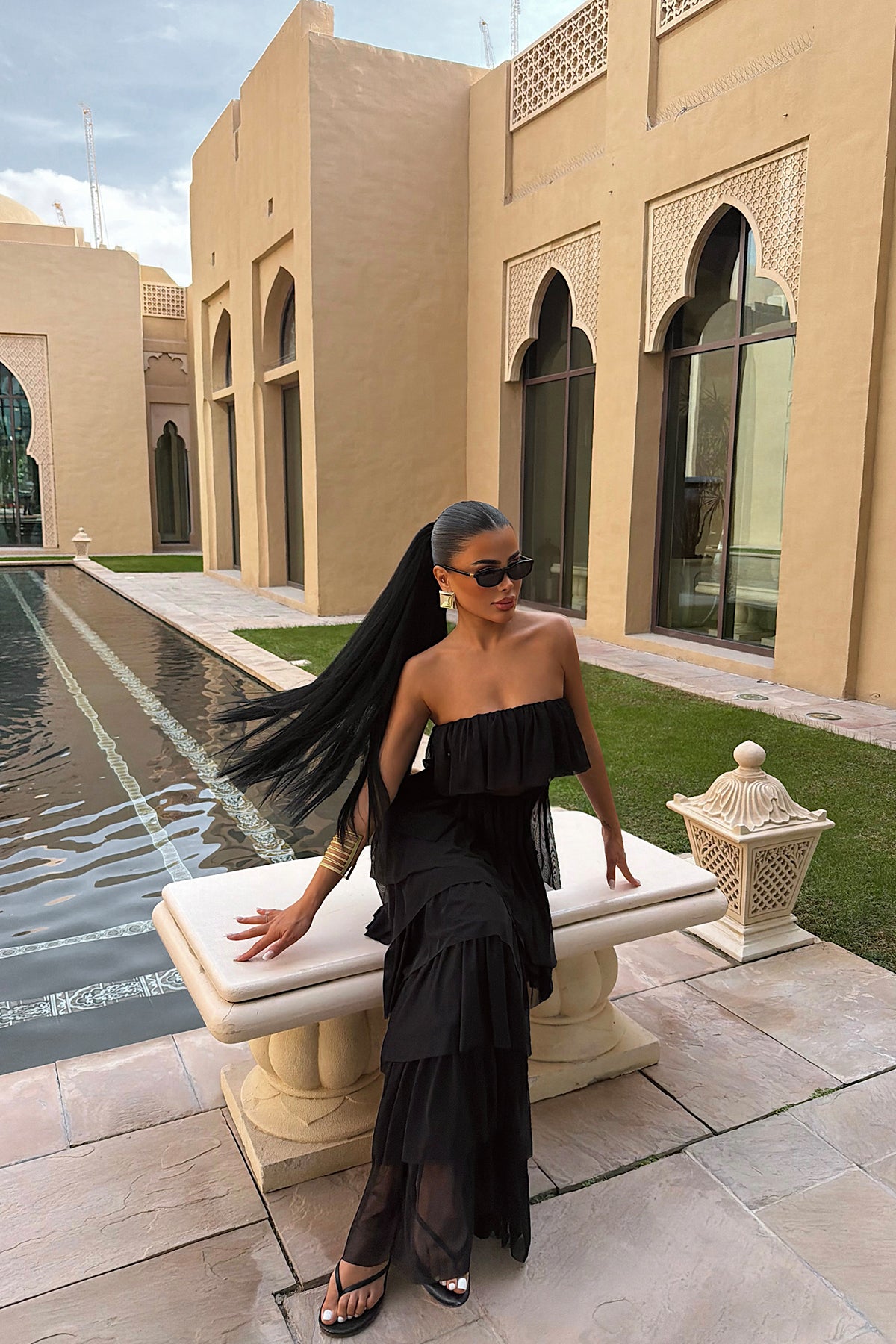 Siyah Saroja Uzun Kat Kat Tül Elbise ATE-3530