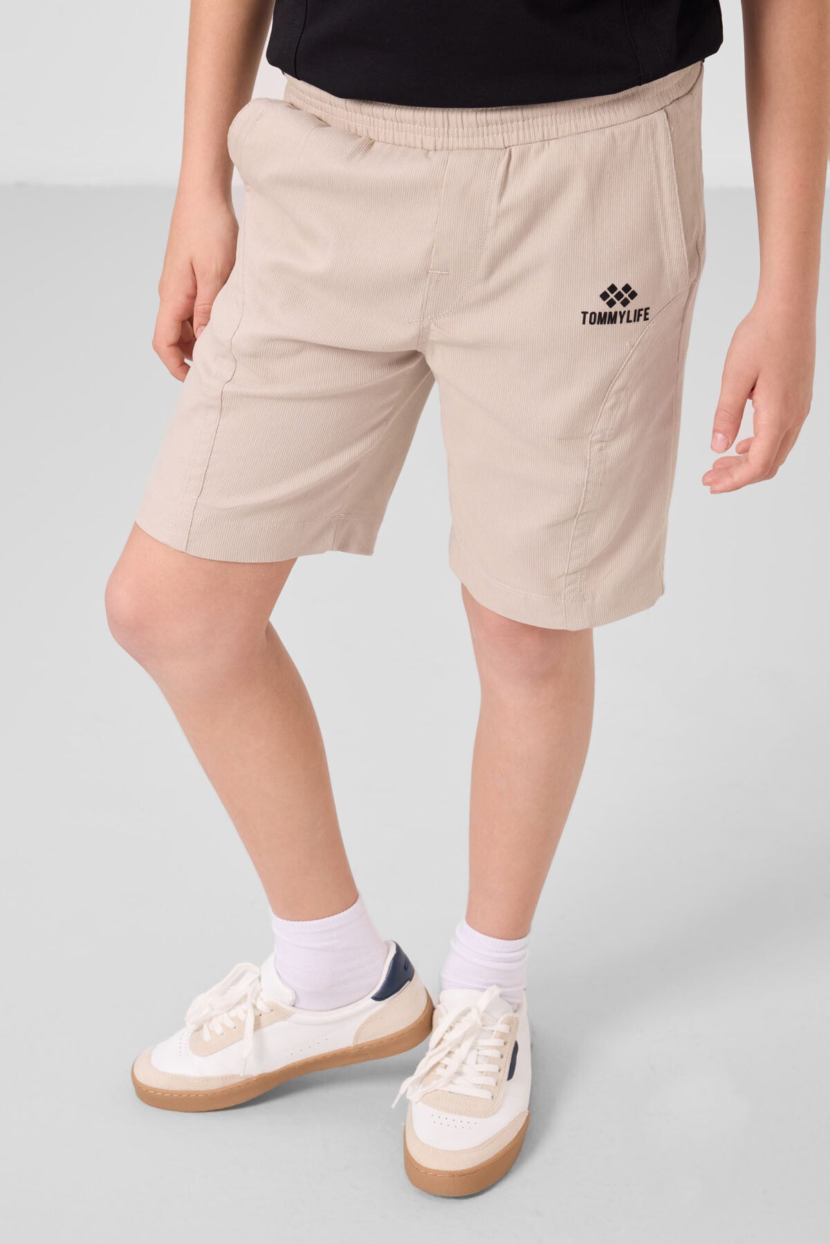 Siyah-Taş Pamuklu Oversize Fit Dokuma Hafif Esnek Chino Erkek Çocuk Şort Takım - 11276