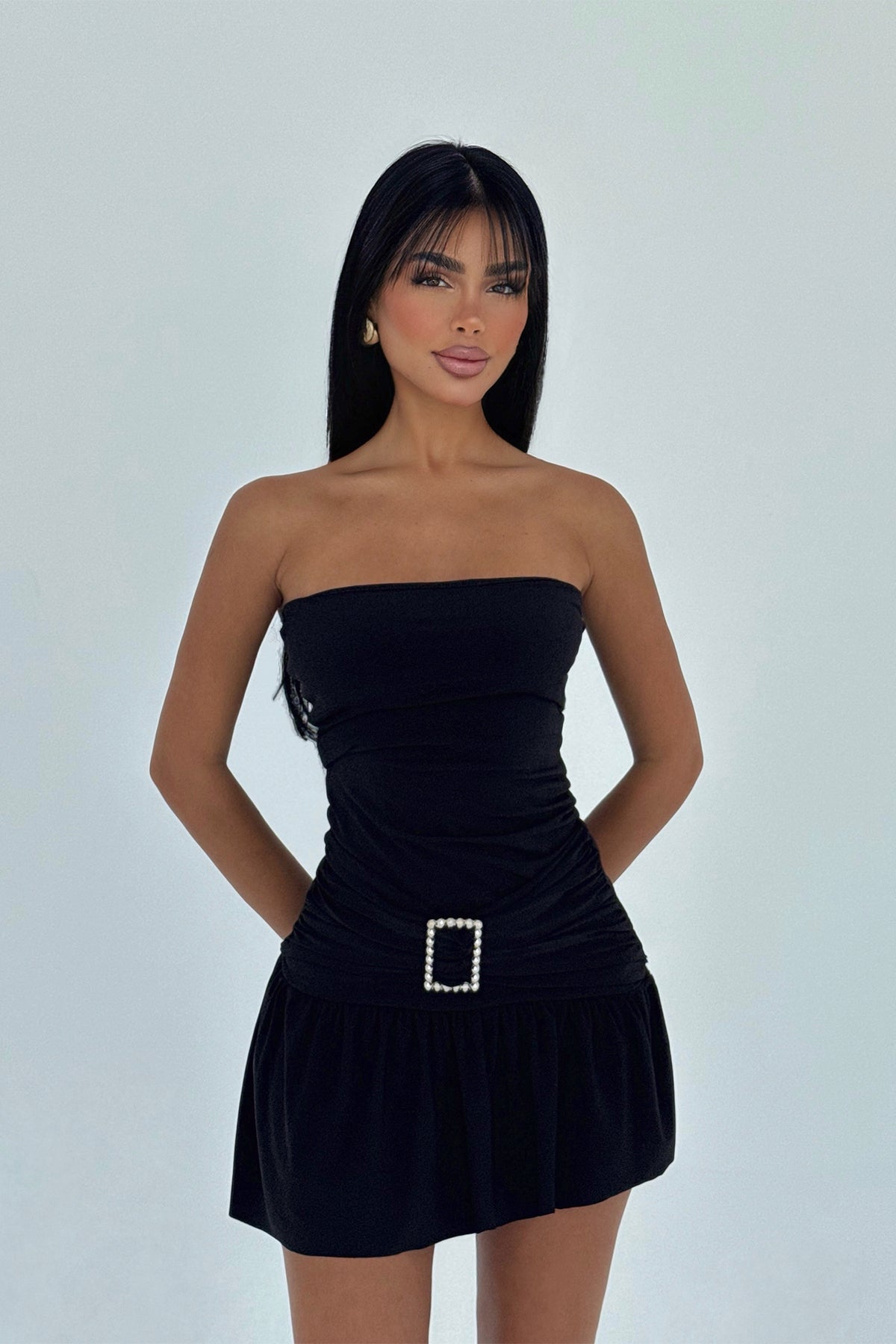 Siyah Jody Mini Taş Aksesuarlı Elbise ATE-3116