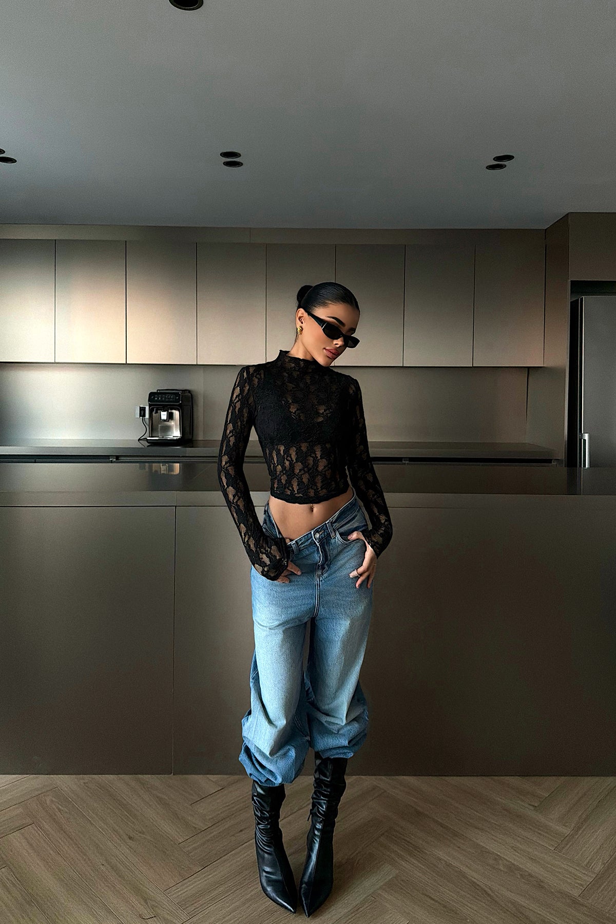 Siyah Raquel Dantel Transparan Bluz ATE-4642