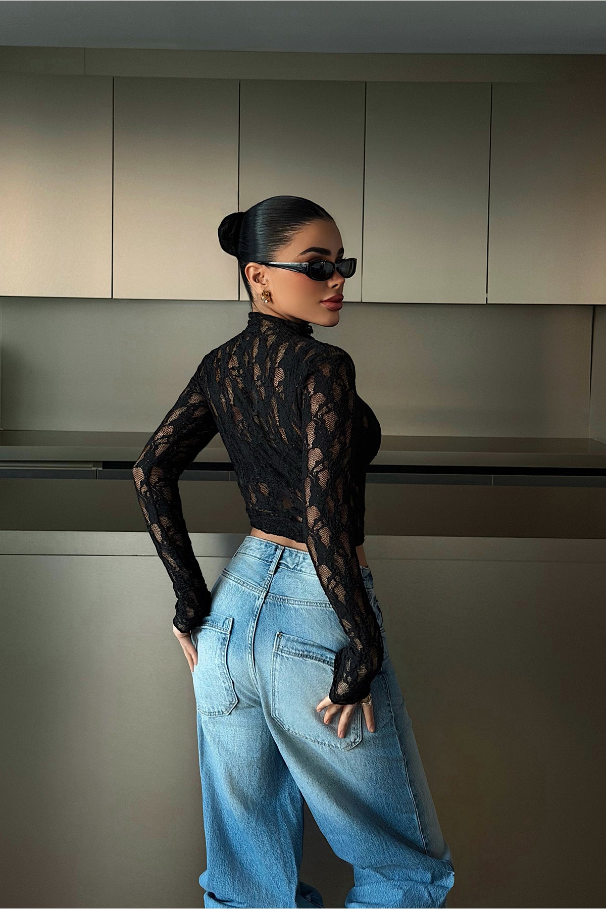 Siyah Raquel Dantel Transparan Bluz ATE-4642