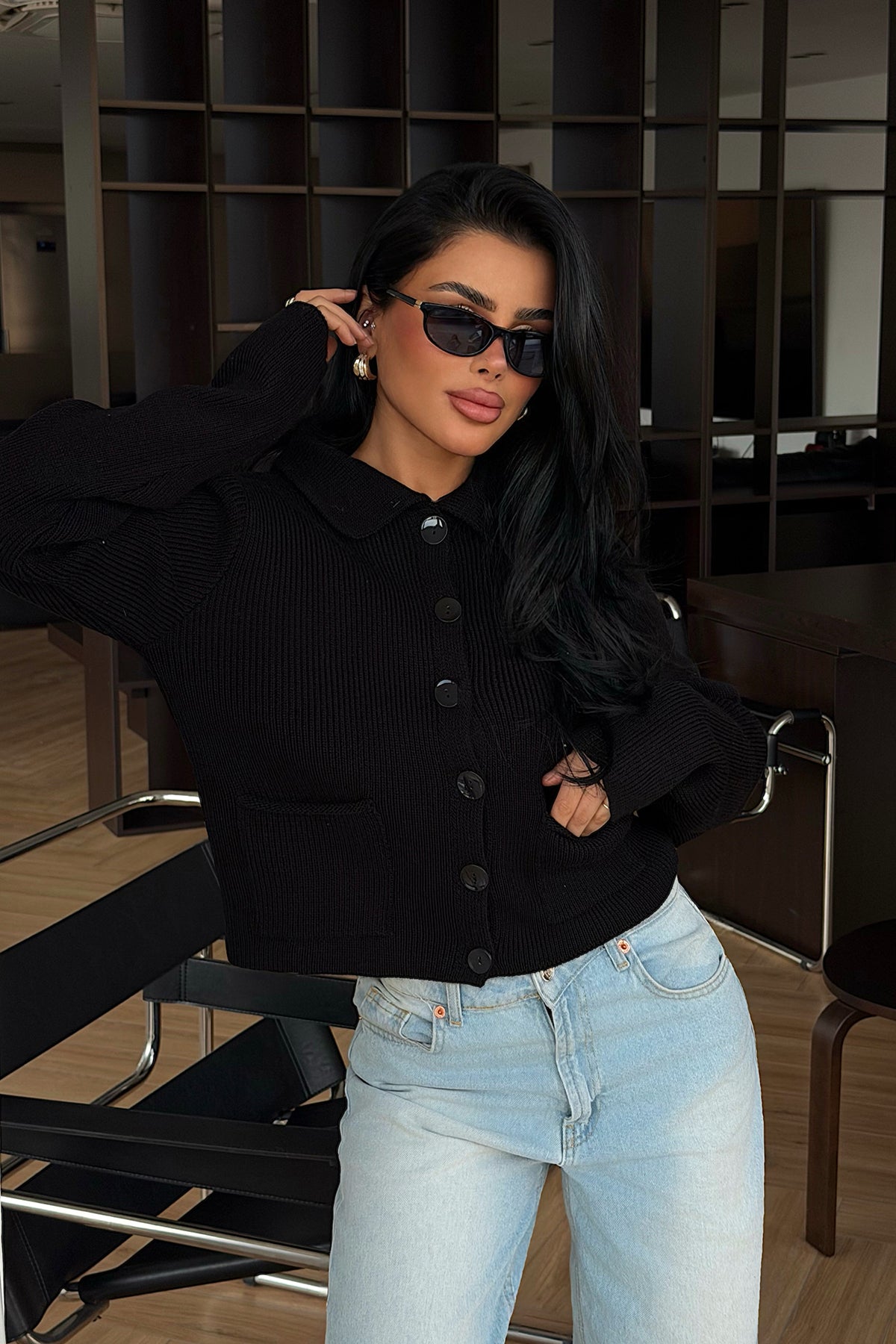 Siyah Leche Düğmeli Triko Hırka ATE-4497