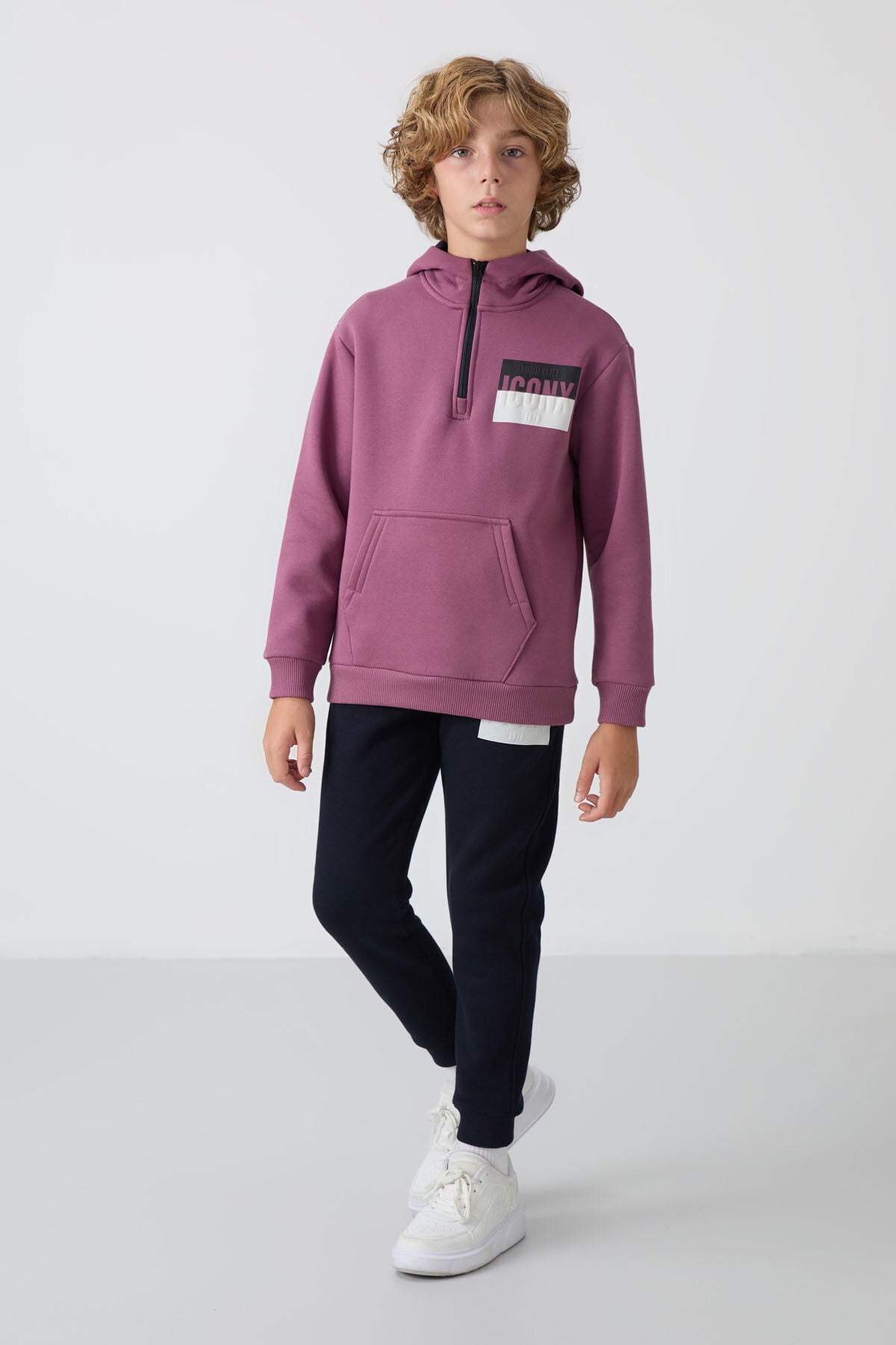 Soft Vişne-Lacivert Pamuklu Kalın İçi Tüylü Standart Fit Baskılı Erkek Çocuk Eşofman Takım - 11246