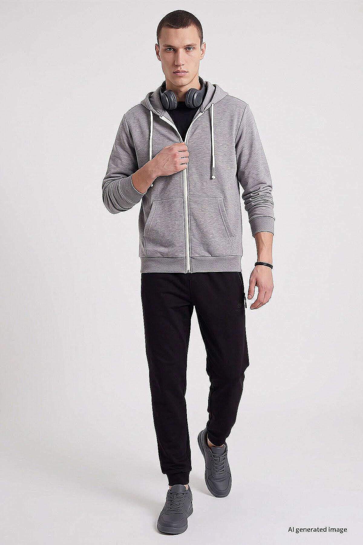 Standart Kalıp Basic 2'li Paket Siyah-Gri Melanj Erkek Sweatshirt - 88514