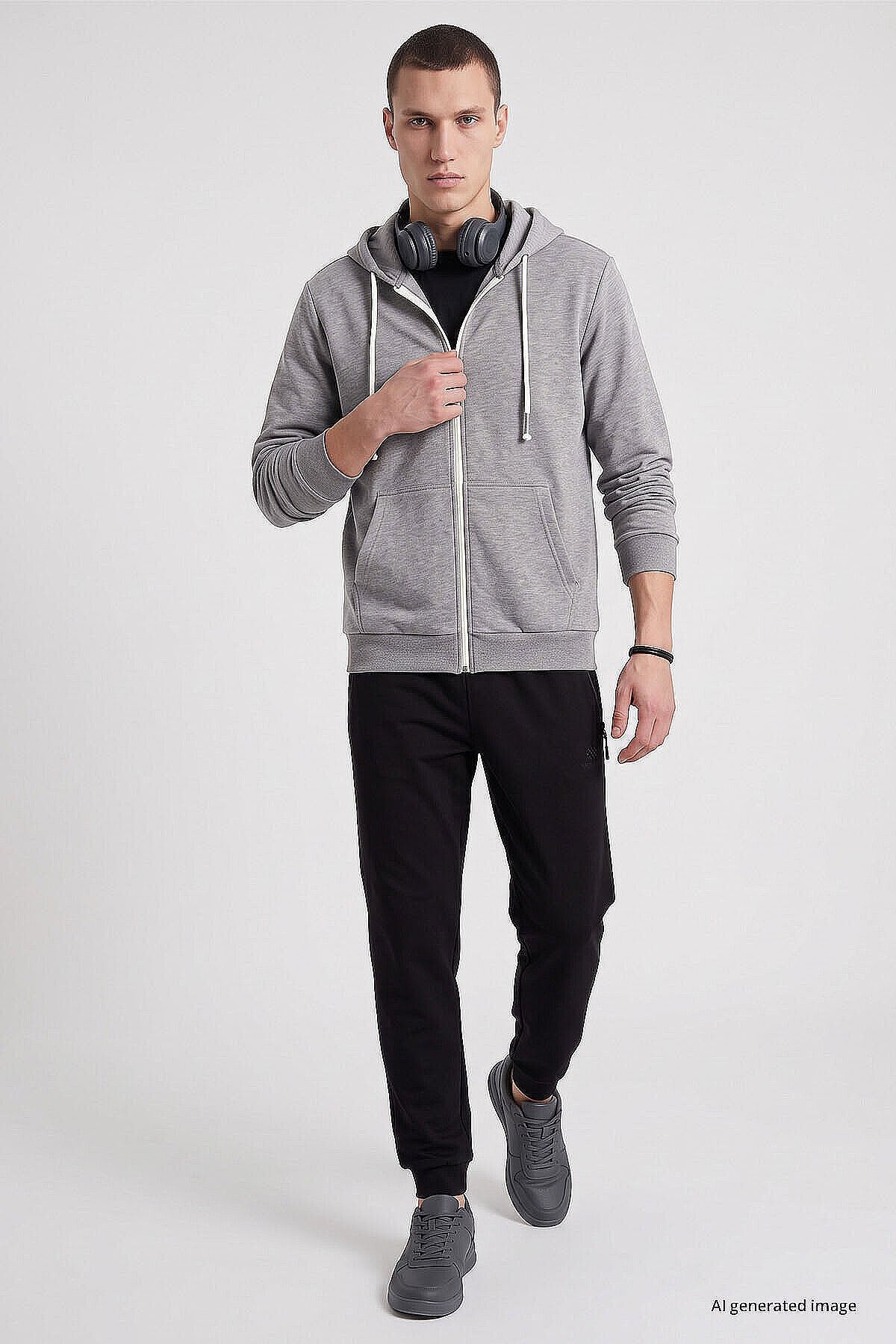 Standart Kalıp Basic 3'lü Paket Siyah-Haki-Gri Melanj Erkek Sweatshirt - 88514