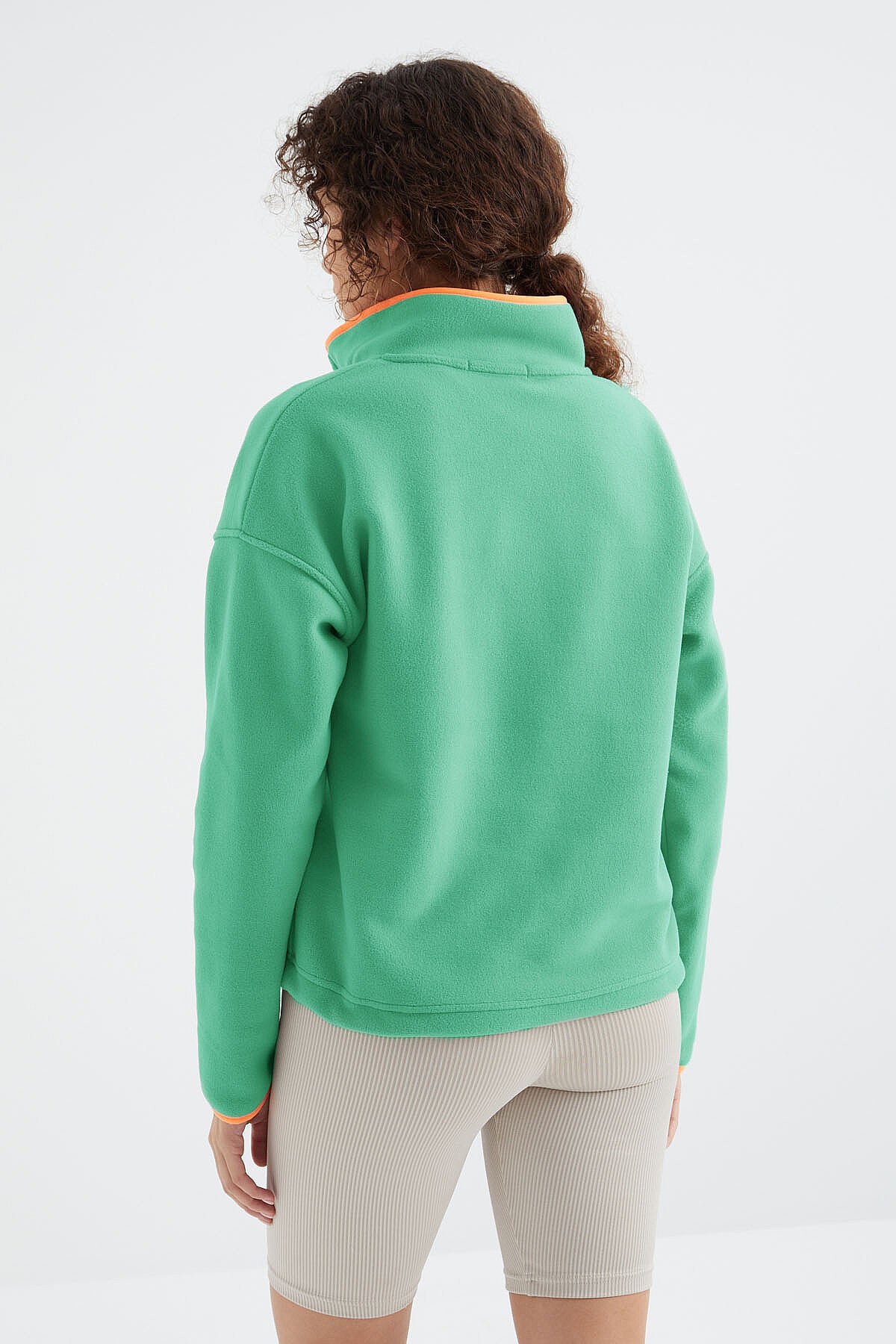Su Yeşili Yarım Fermuar Etek Ucu Büzgülü Dik Yaka Oversize Kadın Polar Sweatshirt - 97234