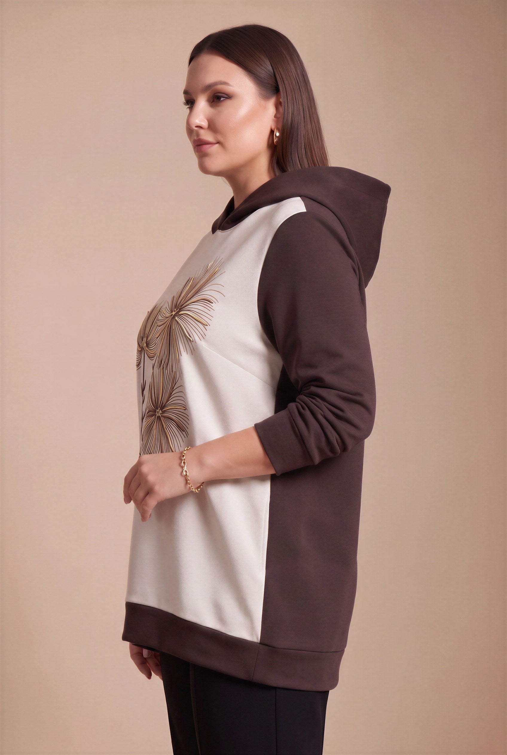 Özel Baskılı Kapşonlu Büyük Beden Sweatshirt Kahve