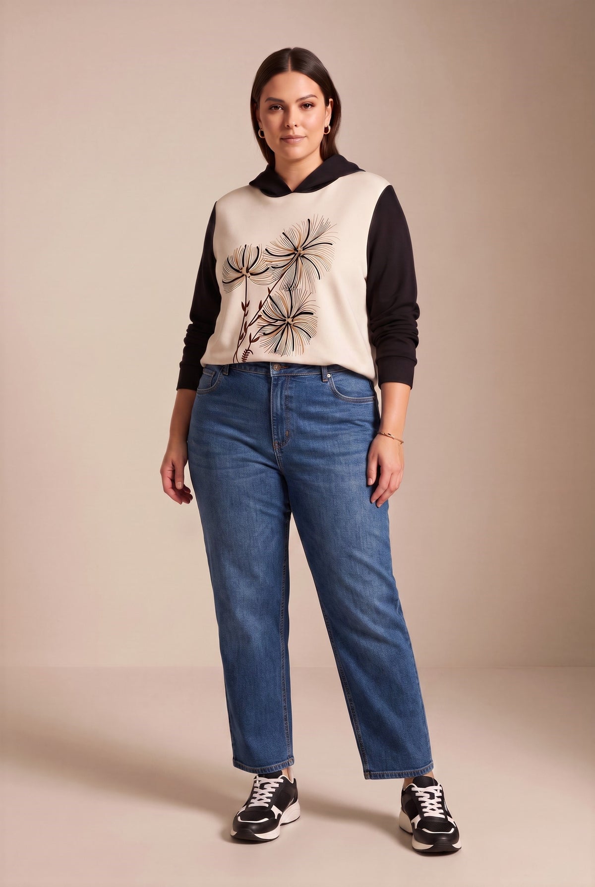 Özel Baskılı Kapşonlu Büyük Beden Sweatshirt Siyah