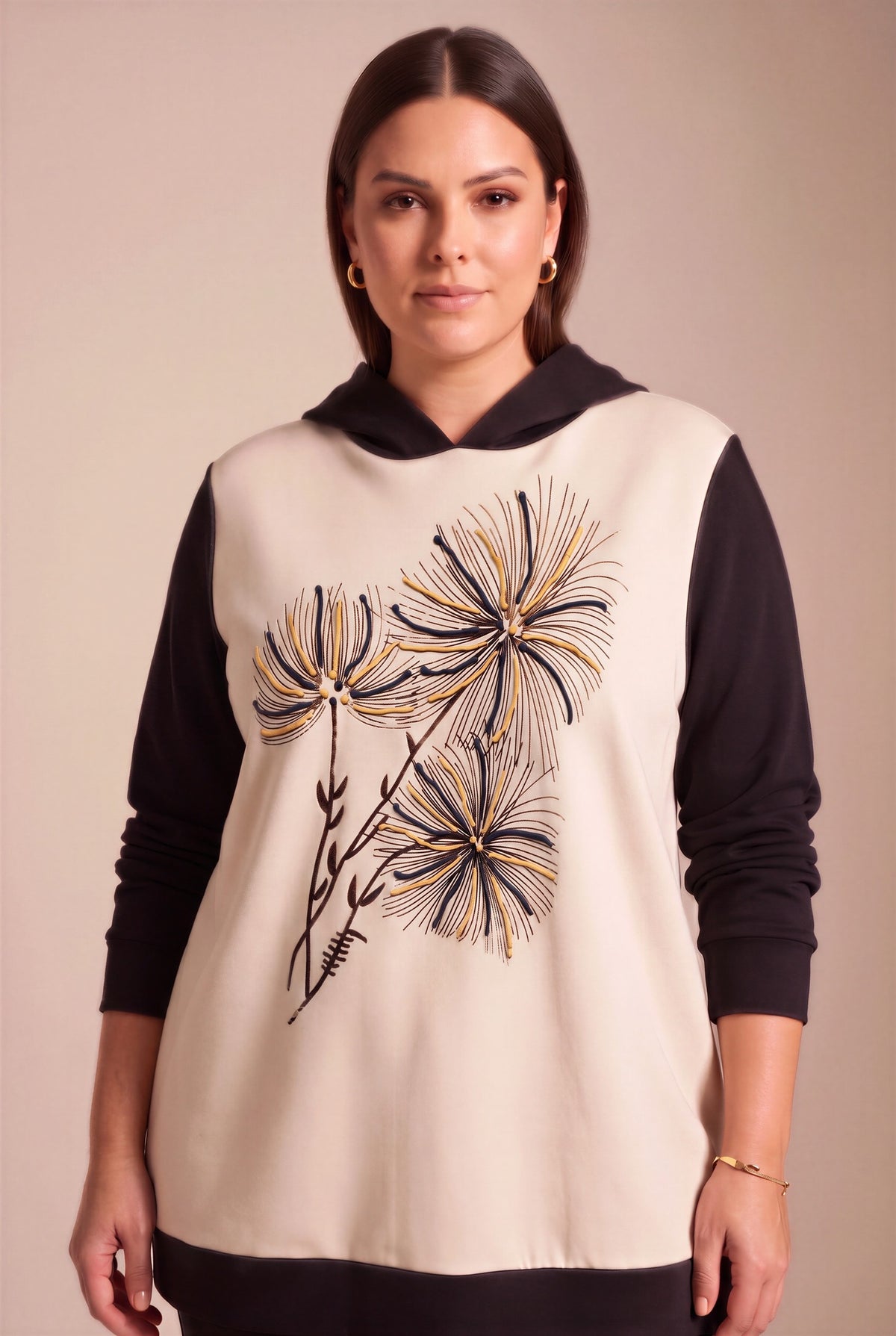 Özel Baskılı Kapşonlu Büyük Beden Sweatshirt Siyah